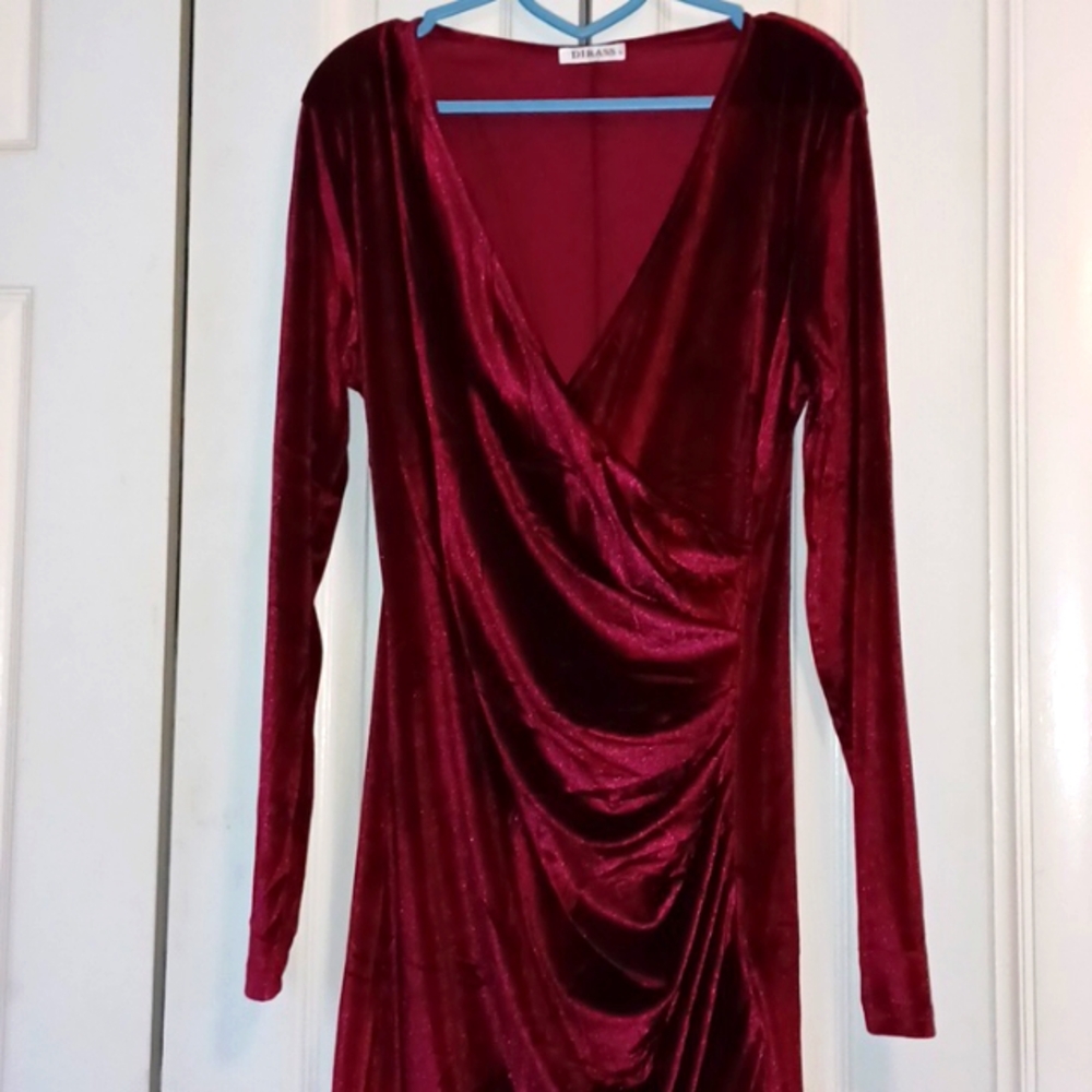 *NWOT* Dirass Wine Red Velvet Bodycon Midi Dress Sz Large